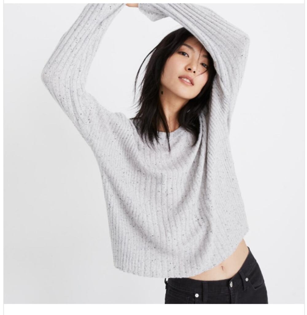 Madewell Size Medium Gray Relaxed Crewneck Crop Sweater Boxy Fit Speckled
